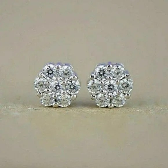 Authentic Solid 14k Gold Cluster Stud Earrings White Stones Medium- 8mm x 3mm